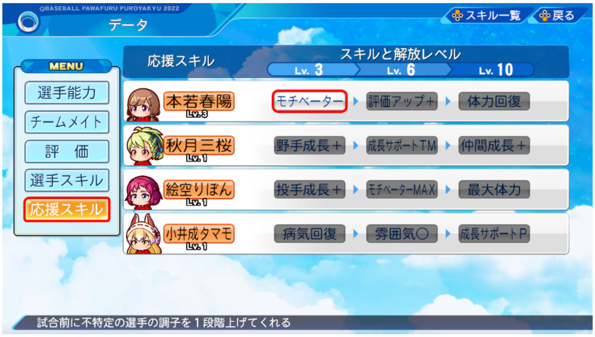 Status screen showing levels and skills for manager characters
